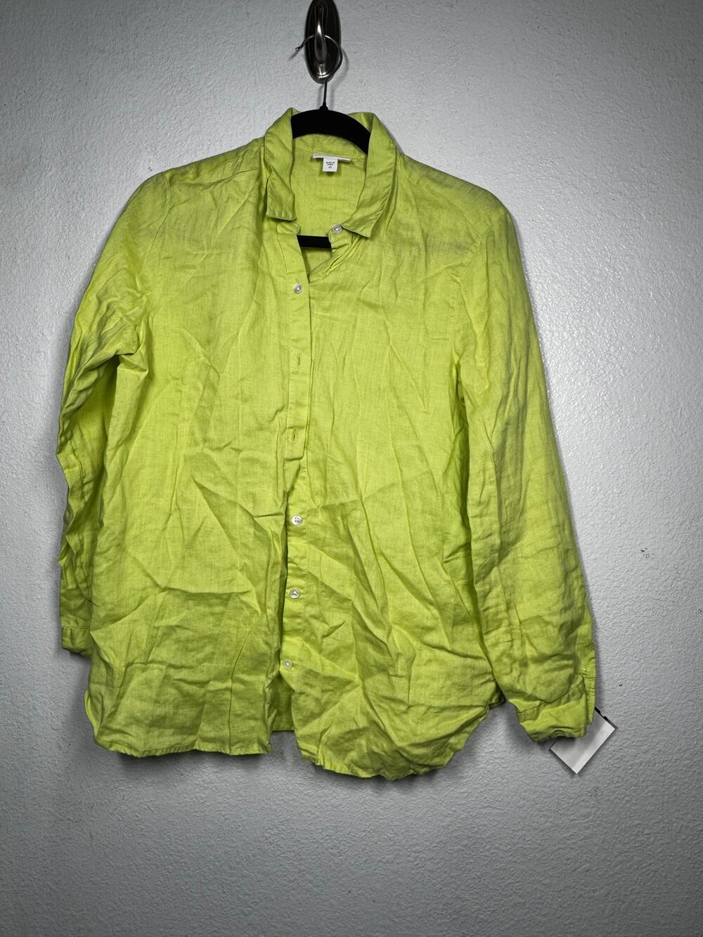 J.Jill Love Linen Shirt Top Neon Green Collared Button Front Long Sleeve Sz XS=